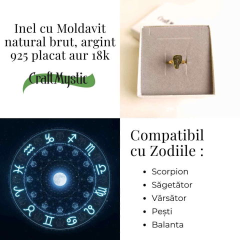 Inel argint 925 placat aur 18k cu Moldavit natural brut Marime 53-54 (EU) / 7 (US) – Piatra transformarii si protectiei [4]