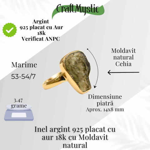Inel argint 925 placat aur 18k cu Moldavit natural brut Marime 53-54 (EU) / 7 (US) – Piatra transformarii si protectiei [1]