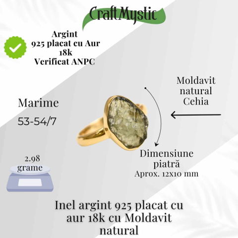 Inel argint 925 placat aur 18k cu Moldavit natural brut Marime 53-54 (EU) / 7 (US) – Piatra transformarii si protectiei [1]