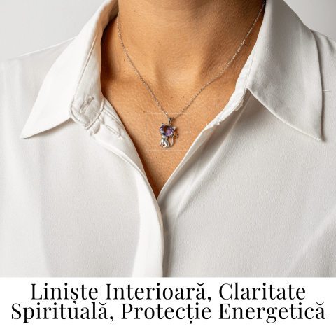 Colier Argint 925 cu Ametist Natural in Forma de Pisica – Claritate Spirituala si Protectie Energetica [1]