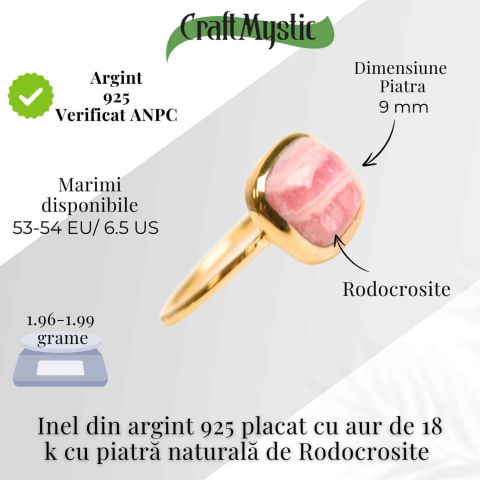 Inel Argint 925 placat cu aur 18K cu Rodocrozit Patrat – Iubire si Echilibru Emotional [4]