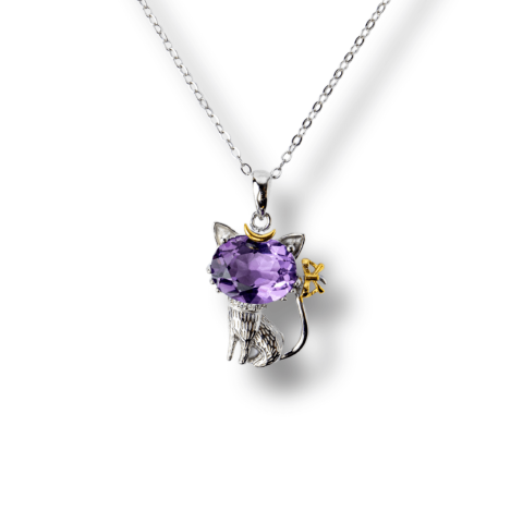 Ametist - Colier Argint 925 cu Ametist Natural in Forma de Pisica – Claritate Spirituala si Protectie Energetica