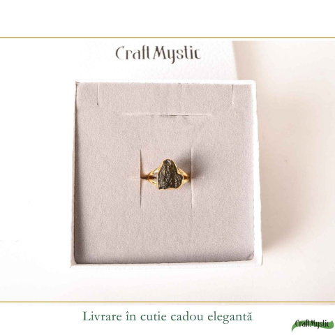 Inel cu Moldavit Brut, Argint 925 Placat Aur 18K, M8/56 - Protectie Energetica si Claritate [5]