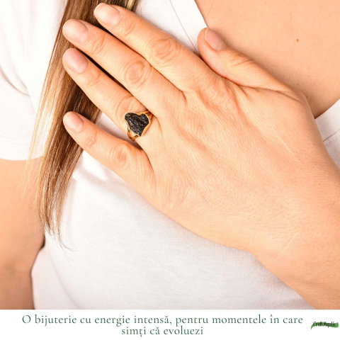 Inel cu Moldavit Brut, Argint 925 Placat Aur 18K, M8/56 - Protectie Energetica si Claritate [1]