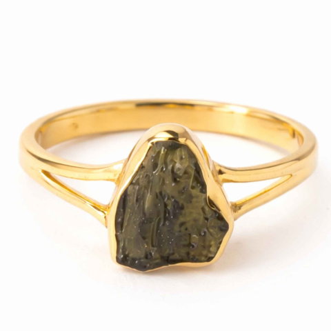 Bijuterii Semiprețioase - Inel cu Moldavit Brut, Argint 925 Placat Aur 18K, M8/56 - Protectie Energetica si Claritate