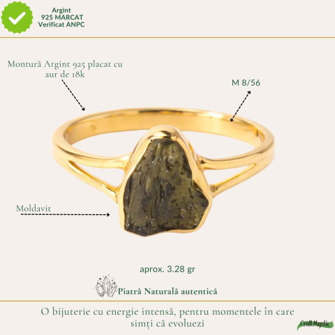 Inel cu Moldavit Brut, Argint 925 Placat Aur 18K, M8/56 - Protectie Energetica si Claritate [3]