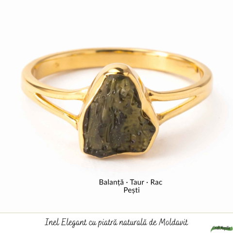 Inel cu Moldavit Brut, Argint 925 Placat Aur 18K, M8/56 - Protectie Energetica si Claritate [4]