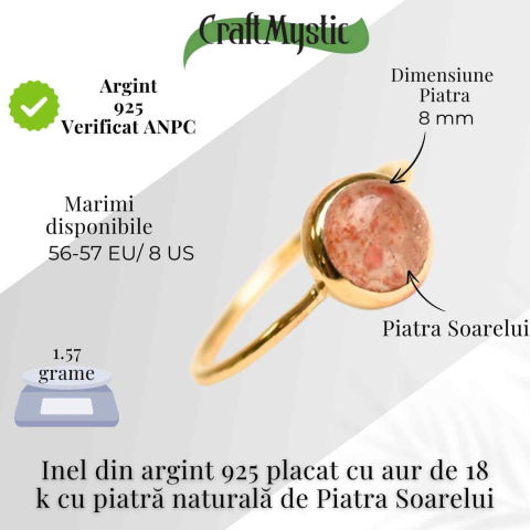 Inel Argint 925 placat cu Aur 18K cu Piatra Soarelui Oval – Energie Pozitiva si Incredere Interioara [4]