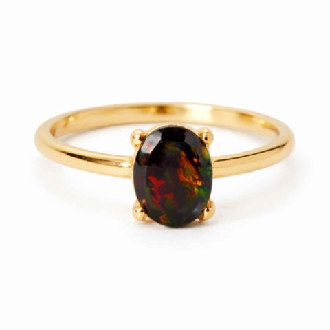 Opal Negru - Inel Argint 925 placat cu aur 18K cu Opal Negru Fațetat oval— o reflexie profunda a intuitiei purtate cu gratie