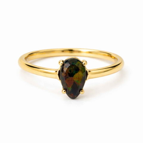 Oferte Speciale - Inel Argint 925 placat cu aur 18K cu Opal Negru Fațetat oval— o reflexie profunda a intuitiei purtate cu gratie