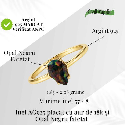 Inel Argint 925 placat cu aur 18K cu Opal Negru Fațetat oval— o reflexie profunda a intuitiei purtate cu gratie [3]