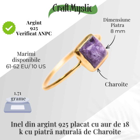 Inel Argint 925 placat cu Aur 18K cu Charoite Patrat – Transformare Spirituala si Liniste Interioara [4]