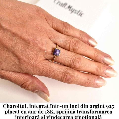 Inel Argint 925 placat cu Aur 18K cu Charoite Patrat – Transformare Spirituala si Liniste Interioara [1]