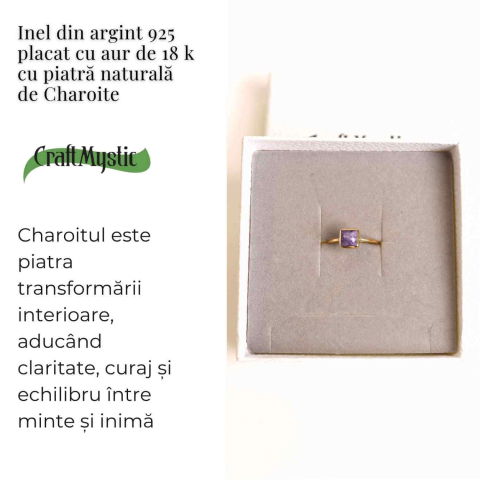 Inel Argint 925 placat cu Aur 18K cu Charoite Patrat – Transformare Spirituala si Liniste Interioara [2]