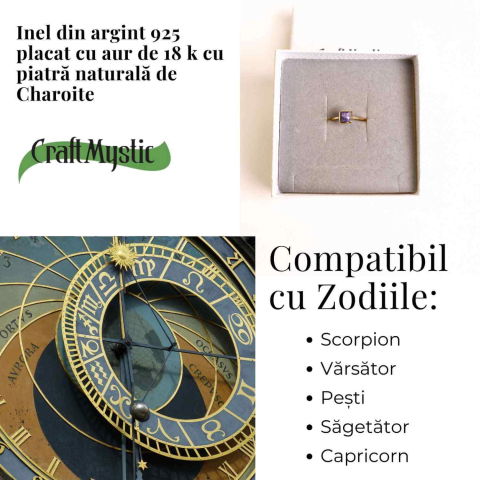 Inel Argint 925 placat cu Aur 18K cu Charoite Patrat – Transformare Spirituala si Liniste Interioara [3]