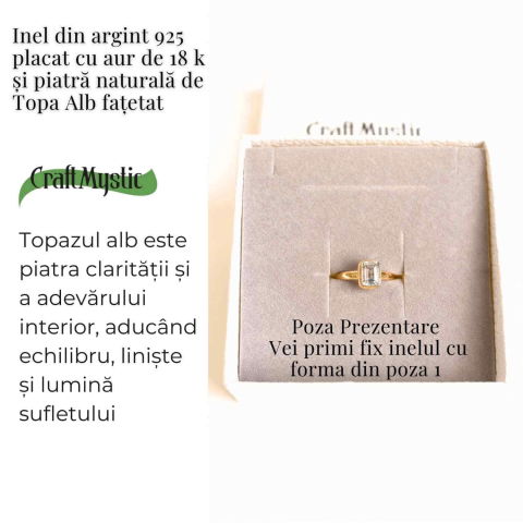 Descoperă inelul din argint 925 placat cu aur 18K cu piatră naturală de Topaz Alb fațetat triunghi. Simbol al clarității și echilibrului, perfect pentru rafinament și protecție spirituală. [2]