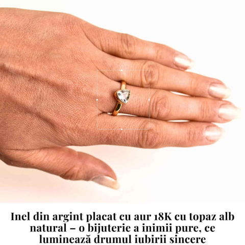 Descoperă inelul din argint 925 placat cu aur 18K cu piatră naturală de Topaz Alb fațetat triunghi. Simbol al clarității și echilibrului, perfect pentru rafinament și protecție spirituală. [1]