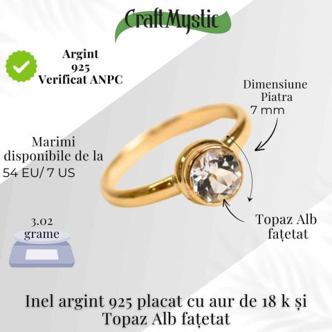 Inel argint 925 placat aur 18K cu Topaz Alb rotund fatetat – Claritate si Armonie [3]