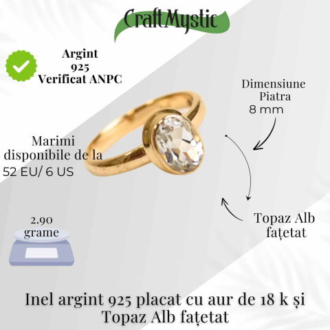 Inel argint 925 placat cu aur 18k si Topaz Alb oval fatetat [3]
