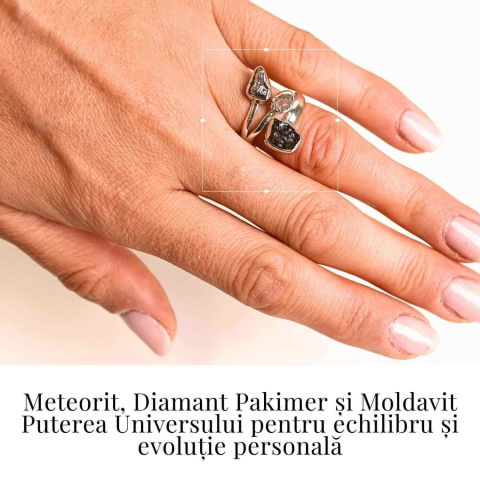 Inel din argint 925 cu tripla piatra naturala Moldavit, Diamant Pakimer si Meteorit Campo del Cielo [1]