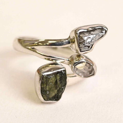 Pesti - Inel din argint 925 cu tripla piatra naturala Moldavit, Diamant Pakimer si Meteorit Campo del Cielo