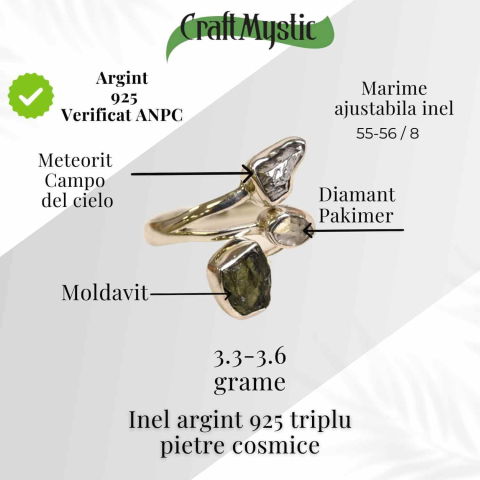 Inel din argint 925 cu tripla piatra naturala Moldavit, Diamant Pakimer si Meteorit Campo del Cielo [2]