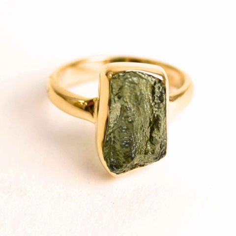 Echilibrare Energetica - Inel argint 925 placat cu aur de 18k cu Moldavit natural - Evolutie interioara si protectie