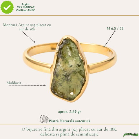Inel argint 925 placat cu aur de 18k si moldavit brut neuniform, M6.5/53 – energie profunda si transformare autentica [3]