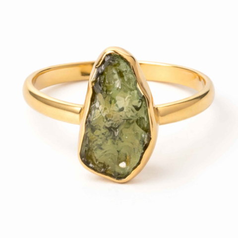 Echilibrare Energetica - Inel argint 925 placat cu aur de 18k si moldavit brut neuniform, M6.5/53 – energie profunda si transformare autentica