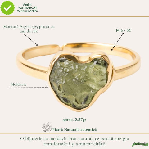 Inel argint 925 placat cu aur de 18k si moldavit brut inima, M6/51 – energie intensa si transformare autentica [3]