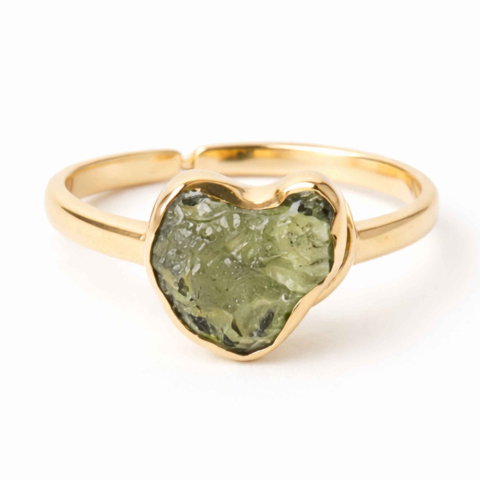 Echilibrare Energetica - Inel argint 925 placat cu aur de 18k si moldavit brut inima, M6/51 – energie intensa si transformare autentica