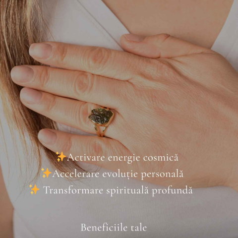 Inel cu Moldavit Verde Brut – Argint 925 Placat Aur 18K, M8.5/58 -  Energie Universala si Echilibru [2]