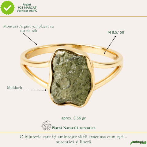 Inel cu Moldavit Verde Brut – Argint 925 Placat Aur 18K, M8.5/58 -  Energie Universala si Echilibru [3]