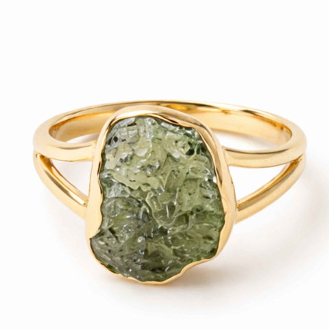 Echilibrare Energetica - Inel argint 925 placat cu aur de 18k si moldavit brut M6.5/53 – energie intensa si transformare autentica