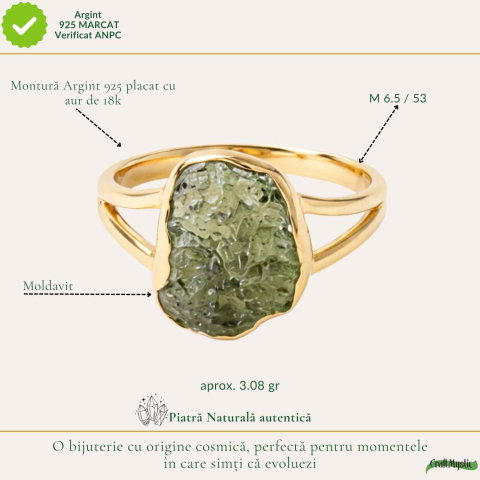 Inel argint 925 placat cu aur de 18k si moldavit brut M6.5/53 – energie intensa si transformare autentica [2]