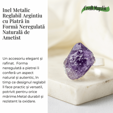Inel argintiu ajustabil cu vart de Ametist natural, pentru calm si claritate [2]