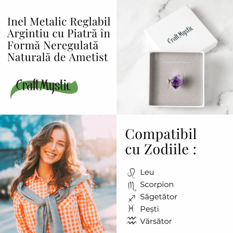 Inel argintiu ajustabil cu vart de Ametist natural, pentru calm si claritate [7]