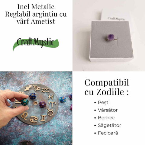 Inel ajustabil argintiu cu piatra naturala varf de ametist [5]