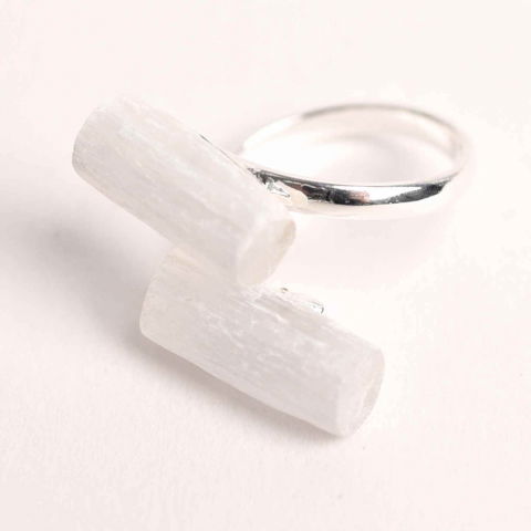 Rac - Inel Reglabil Argintiu cu Dublu Selenit, Claritate si Purificare