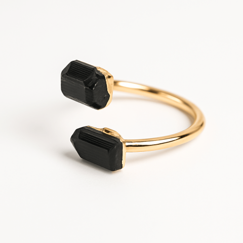 Berbec - Inel auriu cu dubla Turmalina Neagra, pentru protectie si echilibru