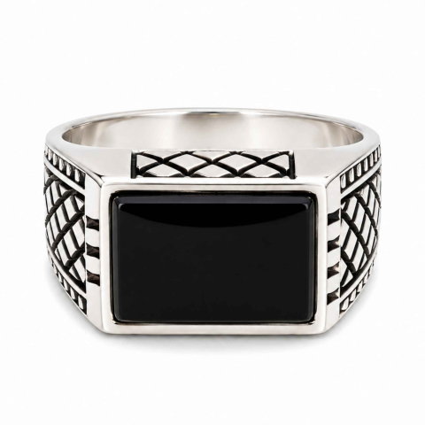 Cristale pentru zodii - Inel Barbatesc Argint 925 cu Onix Dreptunghi – Protectie si Stabilitate