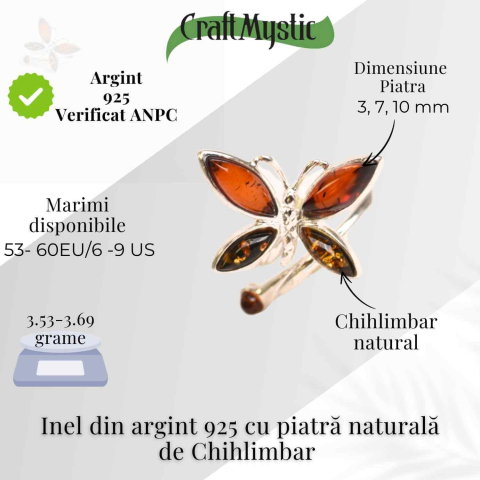 Inel Argint 925 cu Chihlimbar Natural in Forma de Fluture ajustabil – Renastere si Energie Solara [4]