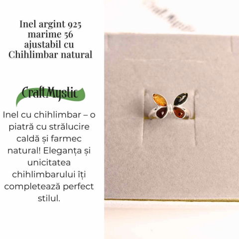 Inel ajustabil argint 925 cu chihlimbar natural – Design fluture [4]