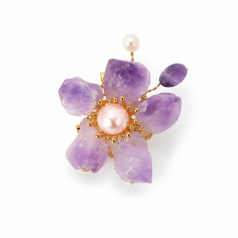 Cristale pentru zodii - Brosa Pandantiv Floare cu Ametist Natural si Perle de Cultura – Eleganta si Armonie
