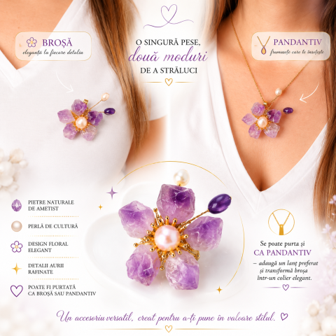Brosa Pandantiv Floare cu Ametist Natural si Perle de Cultura – Eleganta si Armonie [1]