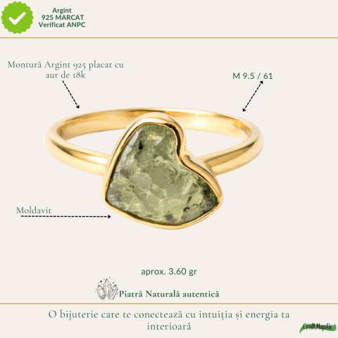 Inel cu Moldavit Autentic si Argint 925 Placat cu Aur 18K, M9.5/61 - Crestere Spirituala si Forta Interioara [3]