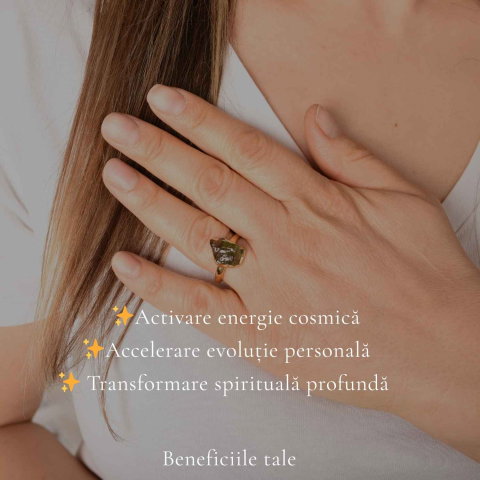 Inel cu Moldavit Brut si Argint 925 Placat Aur 18K, M8.5/58 - Protectie si Intuitie [2]