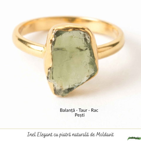 Inel cu Moldavit Brut si Argint 925 Placat Aur 18K, M8.5/58 - Protectie si Intuitie [4]