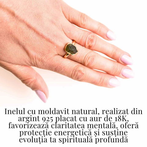 Inel din Argint Aurit cu Moldavit – Piatra Transformarii si Conexiunii Divine, 3.12 gr [1]