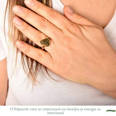 Inel cu Moldavit Autentic si Argint 925 Placat cu Aur 18K, M9.5/61 - Crestere Spirituala si Forta Interioara [1]